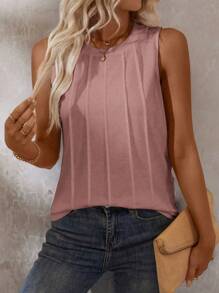 EMERY ROSE Women Plain Round Neck Toothpick Design Casual Summer Tank Top - Pink - View 5