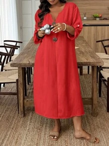 EMERY ROSE 大码纯色V领休闲度假卷袖连衣裙工作夏季连衣裙女装女士夏季服装女士大码太阳裙夏季服装 - 紅色 - 查看 5