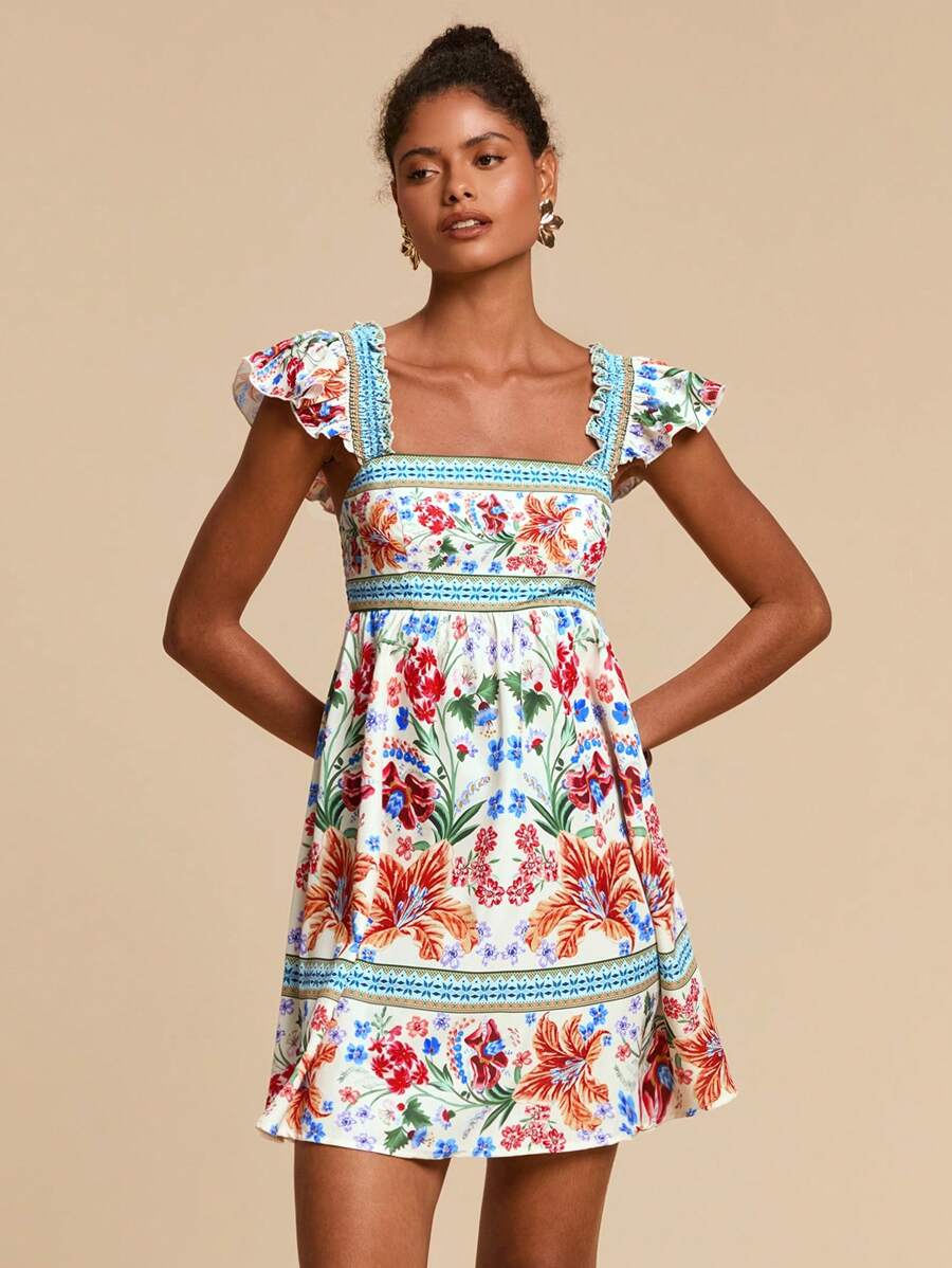 Travachic Vestido mini con estampado floral tejido para mujer, atuendos de verano, ropa de playa, primavera y verano, Pascua, atuendos de vacaciones, ropa de playa para mujer, vacaciones de primavera, atuendos de vacaciones para mujer, atuendos de concierto para mujer, BOHO, bohemia, festival de música, atuendos del 4 de julio, ropa de mujer para vacaciones tropicales, romántico - Multicolor - Ver 1
