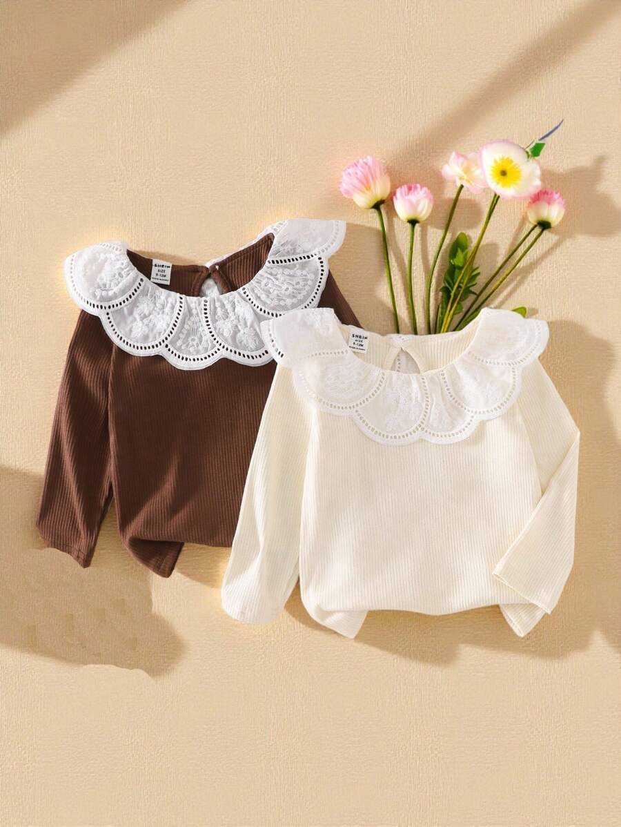 SHEIN 2pcs/Set Girls Ribbed Ruffle Hem Long Sleeve T-Shirt, Versatile Tee Mix And Match, Spring/Autumn - Multicolor - View 1