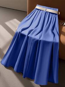 Franclia 女式简约纯色皮带搭配中长裙，春夏 - 寶藍色 - 查看 2