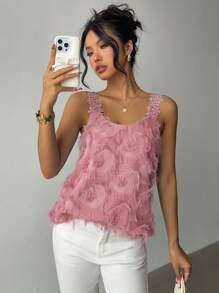 Rafferiza Top senza maniche casual ed elegante da donna in colore tinta unita, con fiori in pizzo e inserti in tessuto strutturato