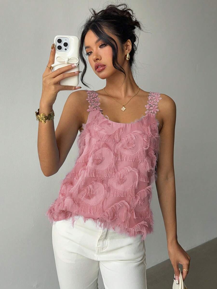 Rafferiza Top senza maniche casual ed elegante da donna in colore tinta unita, con fiori in pizzo e inserti in tessuto strutturato