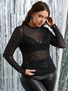 Gownix Plus Size Women Sheer Glitter Mesh Long Sleeve Top Elegant Woman Clothing