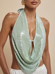 COSMINA Women's Solid Color Draped Neck Sequin Top,Front Halter Camisole,Bandage Top - Green - View 5
