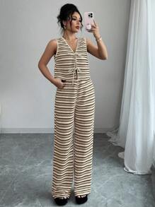 Elenzga 2件套夏季女式条纹前系带吊带背心和长裤套装 - 卡其色 - 查看 6