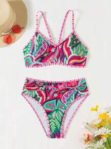 Swim Lushoire Conjunto de 2 peças de roupas de praia femininas de verão, top com alças finas e estampa colorida aleatória e calcinha de biquíni de cintura alta - Multicolorido - Ver 5