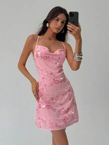 Aloruh 女士优雅串珠刺绣细肩带垂坠领粉色迷你连衣裙 - 粉色 - 查看 6