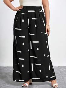SHEIN Clasi Plus Size Vacation Leisure Wide Leg Plant Boho Printed Pants - Black and White - View 4