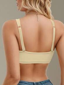 休闲蕾丝拼接无衬里可调节肩带前钩无钢圈文胸 - 米色 - 查看 2