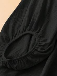 Linhara 大码女式优雅休闲纯色纽扣V领长袖衬衫 - 黑色 - 查看 3