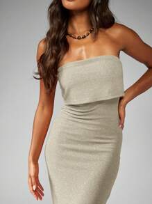 MISSGUIDED 无肩带罗纹长款连衣裙晚礼服弹力修身正式派对俱乐部婚礼宾客长裙 - 杏色 - 查看 6