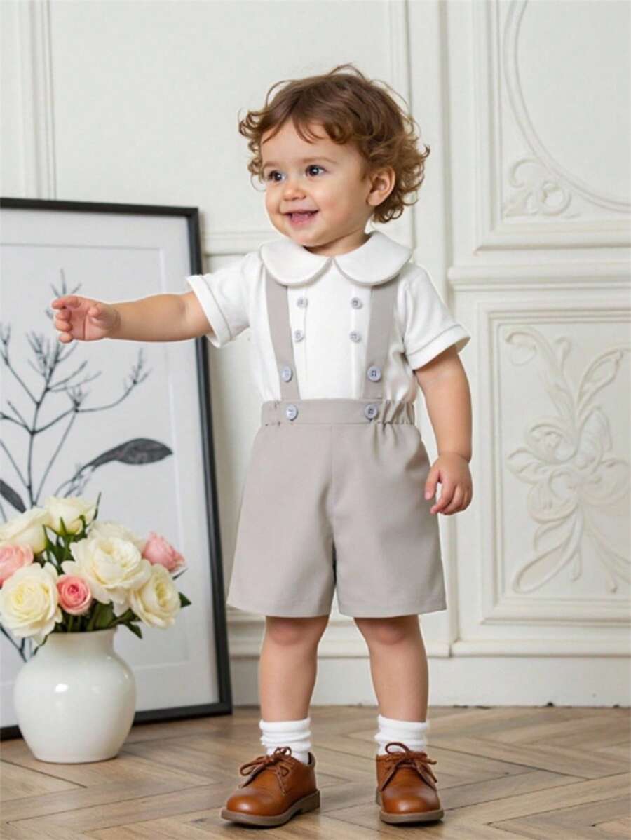 SHEIN 2 件婴儿/幼儿白色短袖上衣，有领子和纽扣装饰，配色短裤和吊带，款式简洁清新，适合儿童 - 彩色 - 查看 1