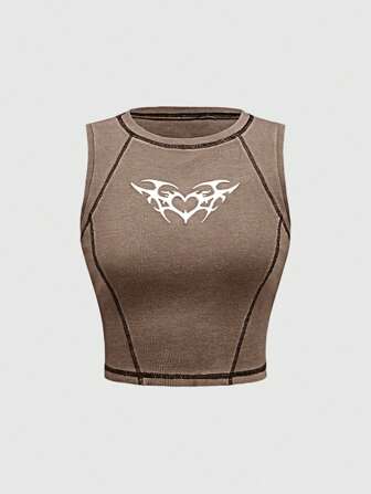 Grunge Punk Top sin mangas con estampado de metal desgastado de estilo punk callejero, de tela vintage lavada para mujer