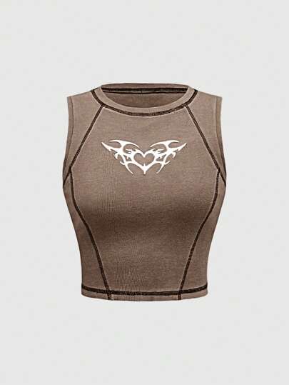 Grunge Punk Punk Street abgenutzter Metall Muster ärmelloses Top, vintage gewaschener Stoff für Damen