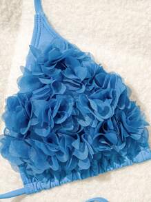 Swim Mod 女士两件套沙滩装泳衣，优雅纯色露背领口和 3D 花卉装饰，休闲度假风格 - 藍色 - 查看 4