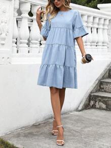 EMERY ROSE Women's Plain Round Neck Raglan Sleeve Ruffled Casual Denim Babydoll Dress For Summer - Blue and White - View 4