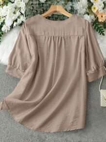 Modelyn Women's Holiday Floral Embroidered Puff Sleeve Casual Shirt - Coffee Brown - View 2