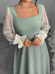 Modelyn 大码女式蝴蝶结拼色方领连衣裙 - 綠色 - 查看 5