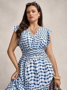 SHEIN LUNE Plus Size Striped Print Ruffle Hem Vacation Casual Boho Summer Old Money Dress - Blue and White - View 1