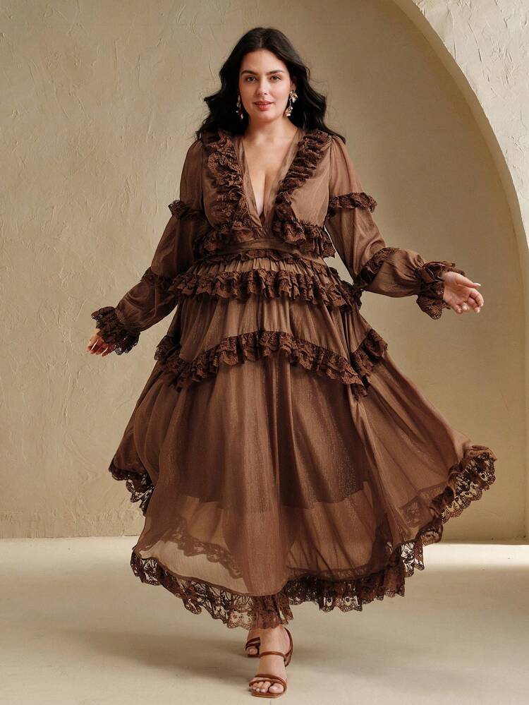 Vestido de manga larga semitraslúcido con adornos de encaje floral, elegante para mujer, apropiado para vacaciones en la playa en primavera/verano