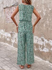 SHEIN LUNE 女式夏季度假风格全身印花打结腰部宽松阔腿连体裤 - 綠色 - 查看 2