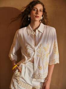 MOTF PREMIUM ÁO KHOÁC CẮT NÚT VẢI LANH THÊU - Màu be - Xem 5