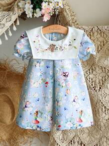 SHEIN Vintaside Kids Đầm phong cách đồng quê thanh lịch dễ thương thời trang cho bé gái/bé gái mùa xuân/hè dễ thương - Màu xanh lam - Xem 3