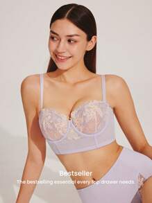 LUVLETTE 女人刺绣优雅内衣透气半罩杯文胸钢圈性感无衬里网眼蕾丝紫色束身衣缩小长线文胸新娘内衣 - 紫色 - 查看 9