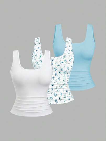 Sweetra Plus Size Women's Square Neck Pleated Casual Tank Top, Summer