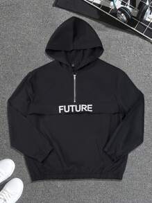 EGENSIO Kurtka wiatrówka męska z kapturem i nadrukiem w litery, z długim rękawem i zamkiem błyskawicznym, w dużym rozmiarze - Czarne - Zobacz 6