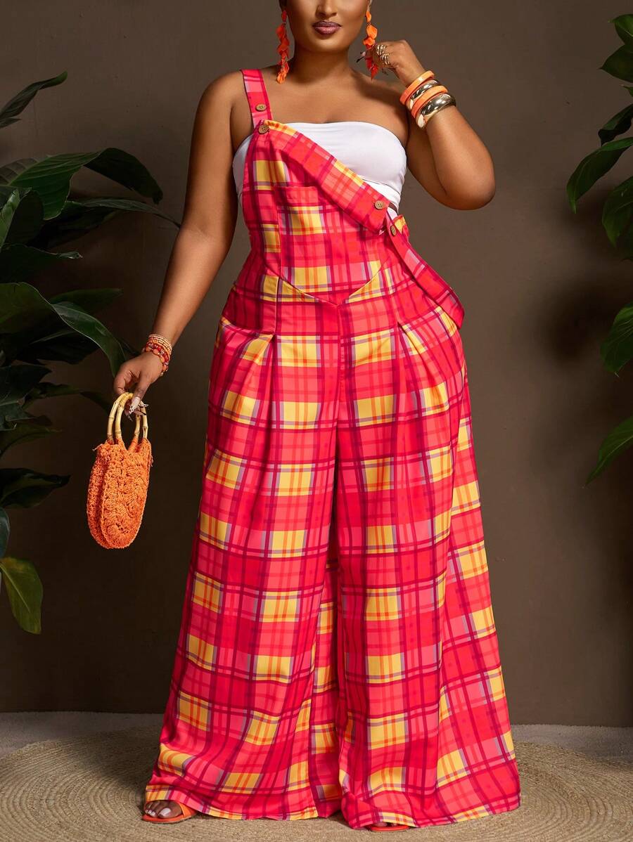 Slaydiva Plus Size Women Casual & Sweet Loose Belted Wide Leg Jumpsuit - B