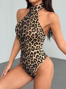 Flirla Body de cuello alto con estampado de leopardo, espalda descubierta, super elástico, suave y cómodo, casual, deportivo, de uso diario y versátil para mujer, para el verano