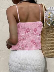 Serisse 夏季女士亮片刺绣吊带背心，锐舞派对服饰，伊比沙岛服饰，串珠粉色亮片上衣