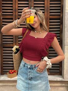 SHEIN Frenchy Women's Solid Colored Lace Patchwork Bowknot Ruffle Sleeve Blouse Christmas Thanks Giving Summer New Year Valentine's Day Vacation Holiday Resort - Red - View 7