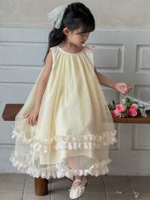 DAZY Young Girl Round Neck Bow Decor Elegant Birthday Party Sleeveless Mesh Dress, Girls Summer Outfits