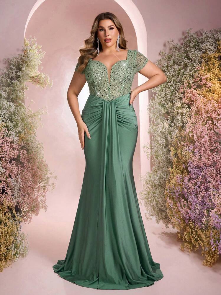 Falda de estilo sirena elástica y fruncida con parches de cuentas y lentejuelas elegante, lujosa y transparente en verde claro, adecuada para boda, fiesta, cóctel y ocasiones formales (diseño con mucho bordado) - Verde - Añade 4