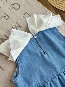 SHEIN LMoss Kids Young Girl' Ruffled Collar Blue Sleeveless Layered Cake Denim Dress - Light Wash - View 4