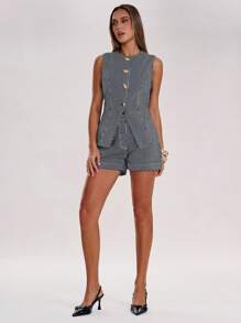SHEIN BAE Damen gestreiftes Freizeithemd aus Denim ohne Ärmel mit Knopfleiste, Sommer - Dunkle Waschung - Übersicht 6