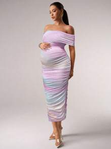 MaterniChic Off Shoulder Fitted Ombre Ruched Maternity Summer Dress - Pink - View 4