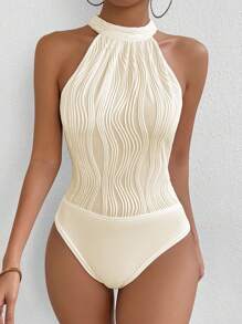 Rafferiza 纹理图案高领无袖紧身衣，优雅纯色 - 杏色 - 查看 4