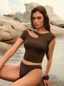 Elaire Women's Fashionable Solid Color Backless Camisole Tankini Top For Summer Beach Vacation - Brown - View 7