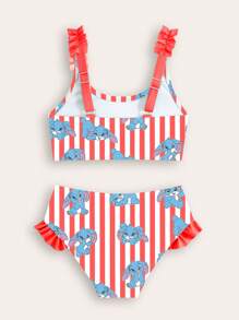 SHEIN Young Girl Cartoon & Striped Frill Trim Tankini Bikini Set Set - Multicolor - View 2