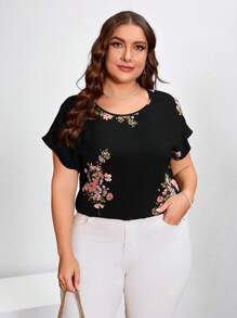 Chikora Plus Size Women Floral Printed Black Shirt,Patterns Are Randomly Cut Without Positioning