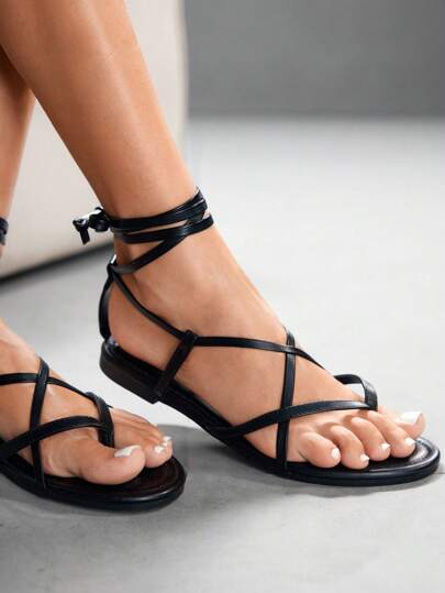 CUCCOO SZL Women's Black PU Leather Strap Lace-Up Flat Sandals, Sexy Roman Style Casual Wear For Commuting, Dating, Party, Holiday, Shopping, Music Festival