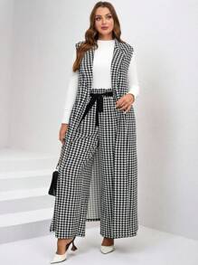 SHEIN Clasi Houndstooth Pattern Long Jacket And Wide-Leg Pants Plus Size Women's Suit Set In Fall/Winter - Black and White - View 5