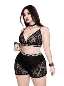Whyspr Conjunto de camiseta transparente de encaje y shorts de encaje en tallas grandes, estilo sexy y punk - Negro - Ver 1