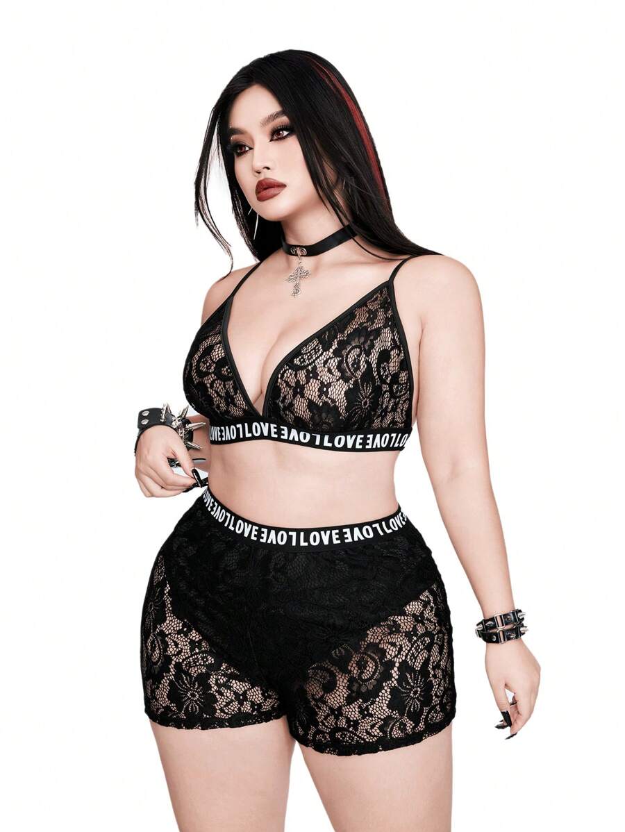 Whyspr Conjunto de camiseta transparente de encaje y shorts de encaje en tallas grandes, estilo sexy y punk - Negro - Ver 1