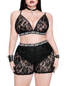 Whyspr Conjunto de camiseta transparente de encaje y shorts de encaje en tallas grandes, estilo sexy y punk - Negro - Ver 3