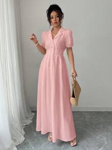 Elenzga Women's Solid Color Lapel Neck Short Puff Sleeve Single-Breasted Shirt Dress, Summer - Baby Pink - View 3